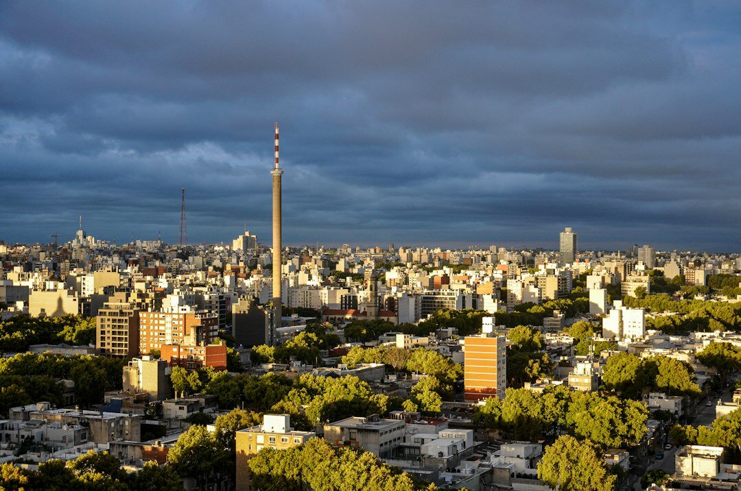 Aerial view of Montevideo skyline at sunset